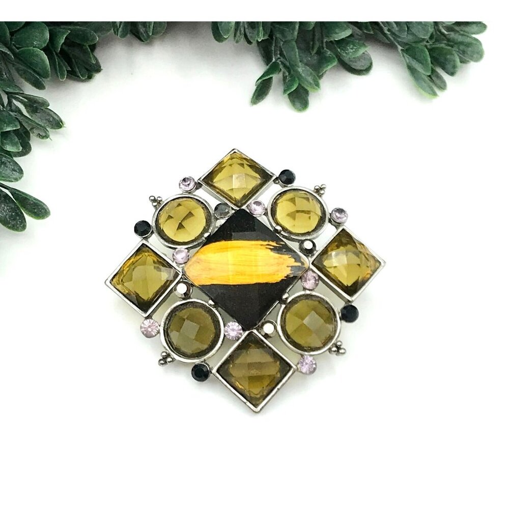 Vintage Square Gemstone Brooch With Yellow & Black Faceted Stones Silver Metal S